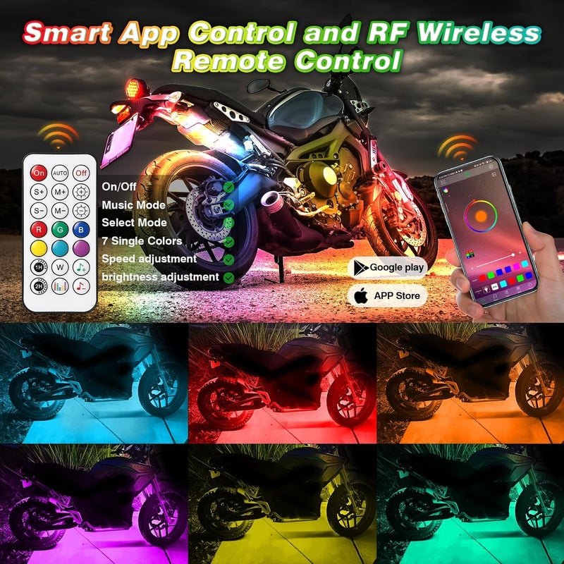 ZONECONA 8PCS Chasing Dreamcolor Motorcycle LED Lights Kit with/APP/RF Remote Brake Turn Signal,RGB+IC Motorcycle underglow LED Strip Lights 12v Waterproof Music Mode Multicolor for Harley Honda Yamaha - Image 2